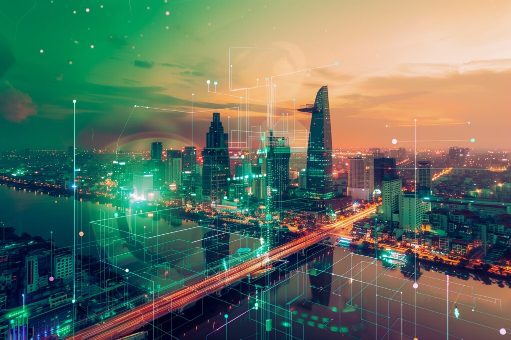 Ho Chi Minh City In Vietnam With Smart City And Communication Network Concept. Wireless Telecommunication Communication Technology.