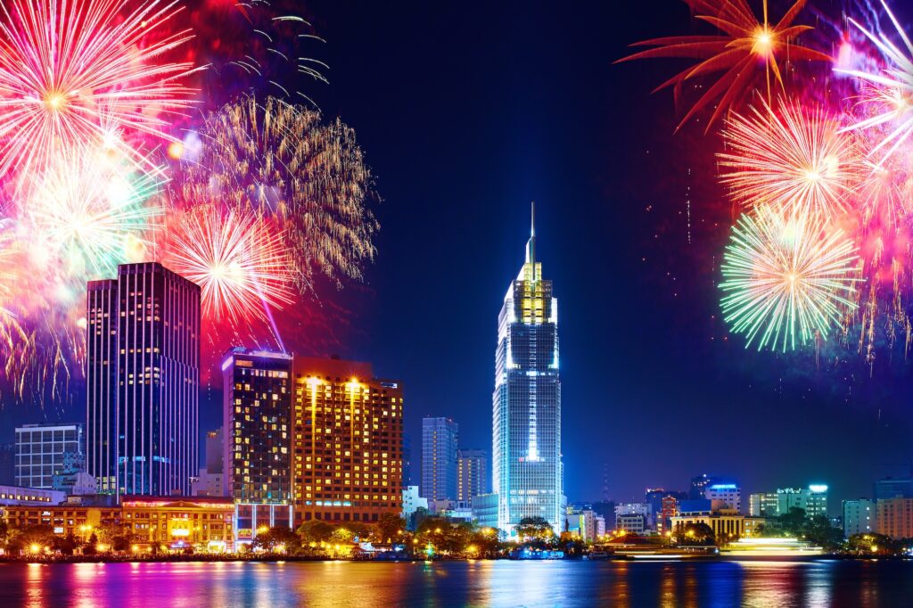 Celebration. Skyline Fireworks In City. Cityscape, Urban Landscape. Holidays