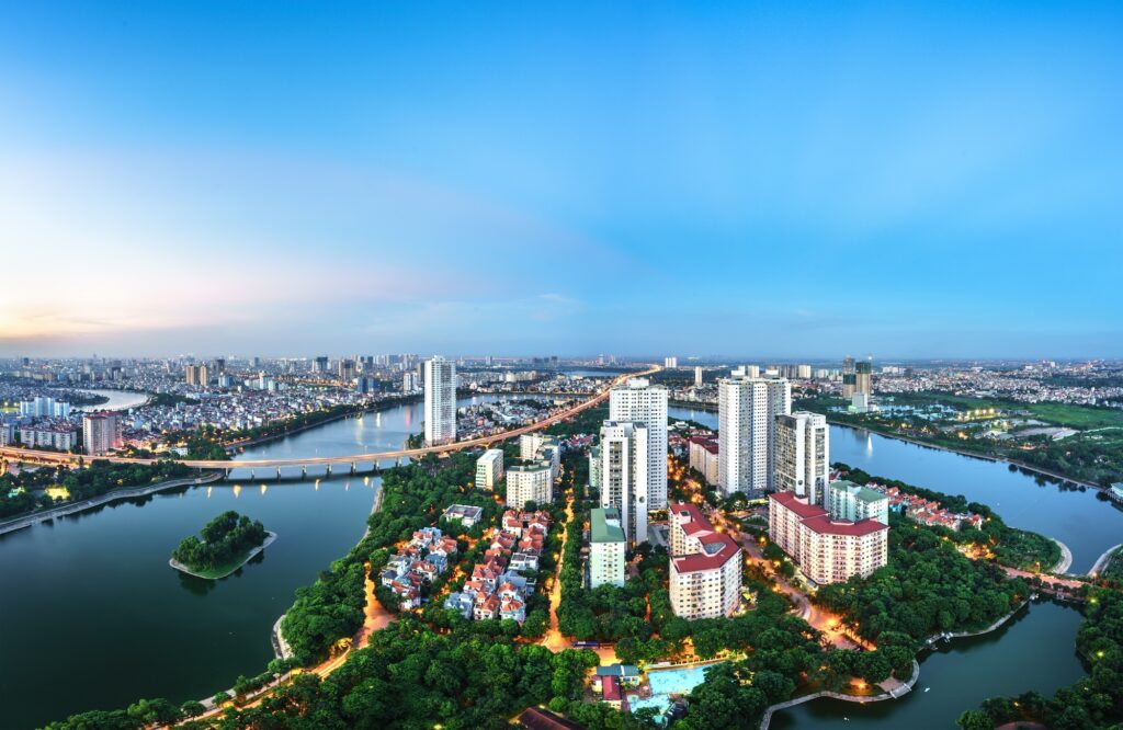Aerial Skyline View Of Hanoi Cityscape At Twilight. Linh Dam Peninsula, Hoang Mai District, Hanoi, Vietnam