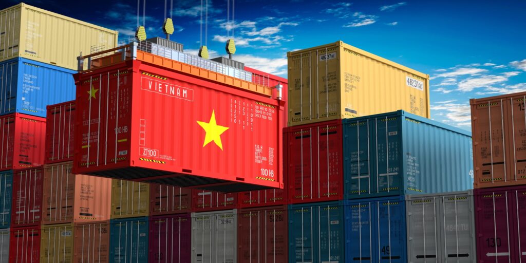 Freight Shipping Container With Flag Of Vietnam On Crane Hook 3d Illustration